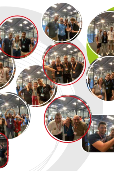 Collage photos rondes de groupes souriants avec badges lors d'un team building en salle sportive