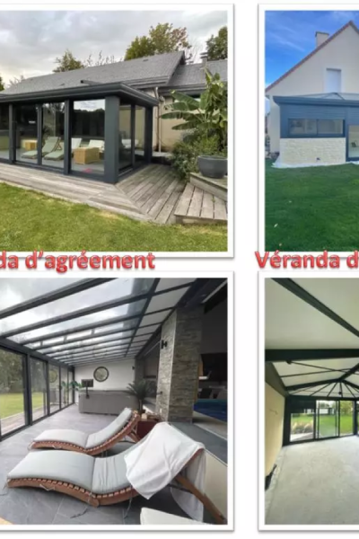 Collage quatre vues véranda aluminium gris, terrasse bois, jacuzzi et libellé Véranda d'agrément