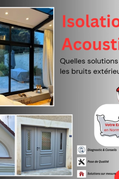 Collage verrière, porte grise et fenêtre volet - texte Isolation Acoustique et icônes services
