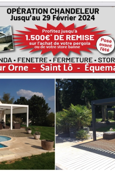 Flyer offre remise avec photos pergolas bioclimatiques blanche et anthracite sur terrasses