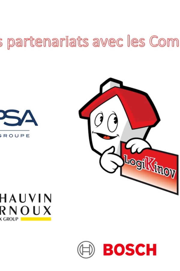 Mascotte LogiKinov entourée logos PSA, Chauvin Arnoux et Bosch, titre partenariats