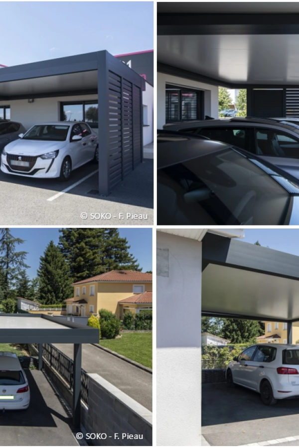 Collage de carports aluminium anthracite à toit plat abritant des voitures devant des maisons