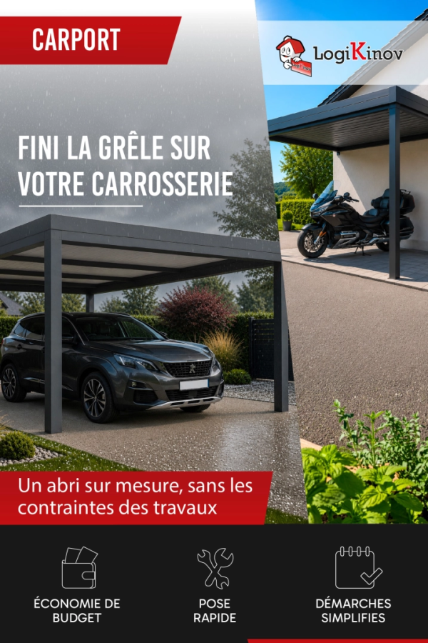 Logo Logikinov carport : voiture sous pluie et moto - Fini la grêle sur votre carrosserie