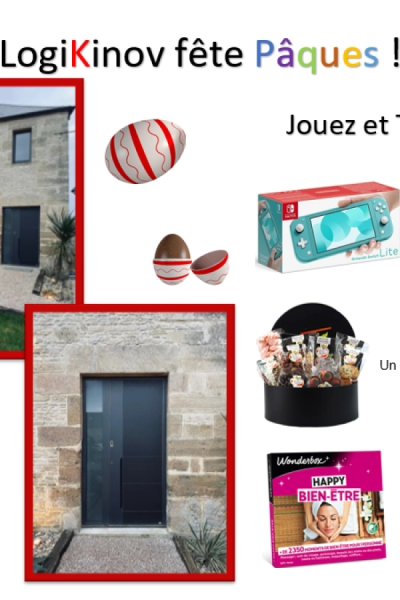 Visuel concours Pâques avec portes anthracite, œufs décorés et lots Nintendo Switch et Wonderbox