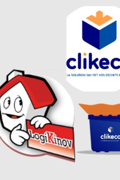 Logo Clikeco avec flèche orange et conteneur de collecte bleu, mascotte maison au panneau rouge