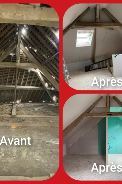Collage combles avant rénovation et après placo blanc, poutres apparentes et Velux