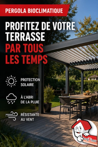 Pergola bioclimatique noire lames blanches, salon jardin - PROFITEZ DE VOTRE TERRASSE PAR TOUS LES TEMPS