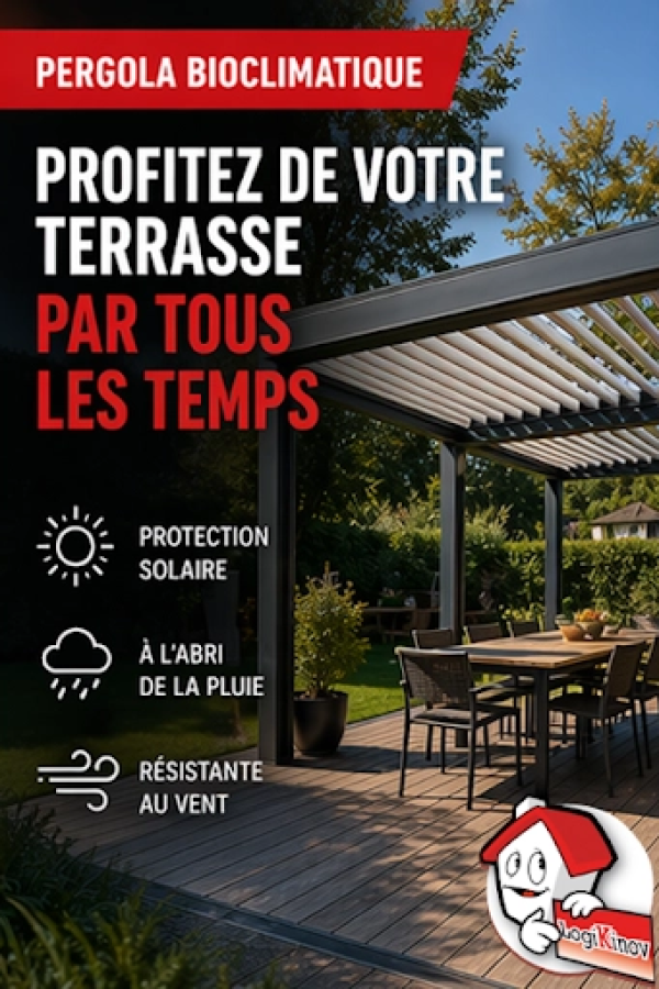 Pergola bioclimatique noire lames blanches, salon jardin - PROFITEZ DE VOTRE TERRASSE PAR TOUS LES TEMPS