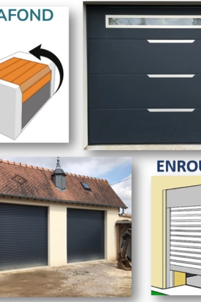 Collage schémas et photos portes de garage sectionnelle et enroulable anthracite