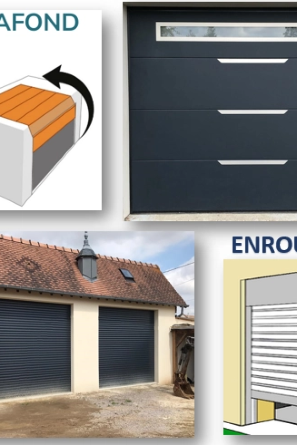 Collage schémas et photos portes de garage sectionnelle et enroulable anthracite