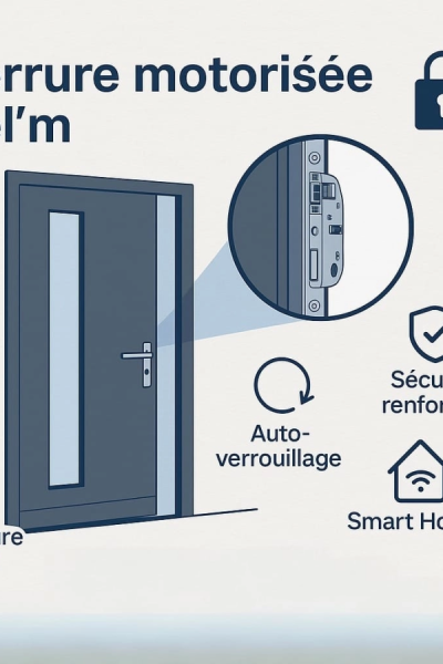 Schéma porte grise entrouverte avec zoom serrure motorisée Bel'M - auto-verrouillage et Smart Home
