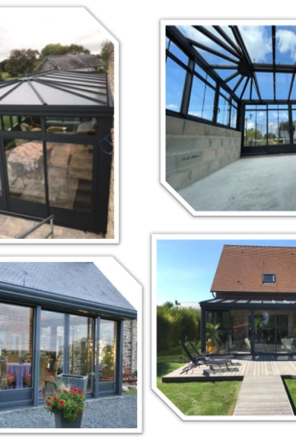 Collage vérandas anthracite sur pierre, chantier toiture vitrée, extension vitrée et terrasse bois