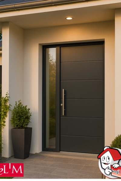 Porte d'entrée aluminium anthracite rainures horizontales, fixe vitré et poignée inox verticale