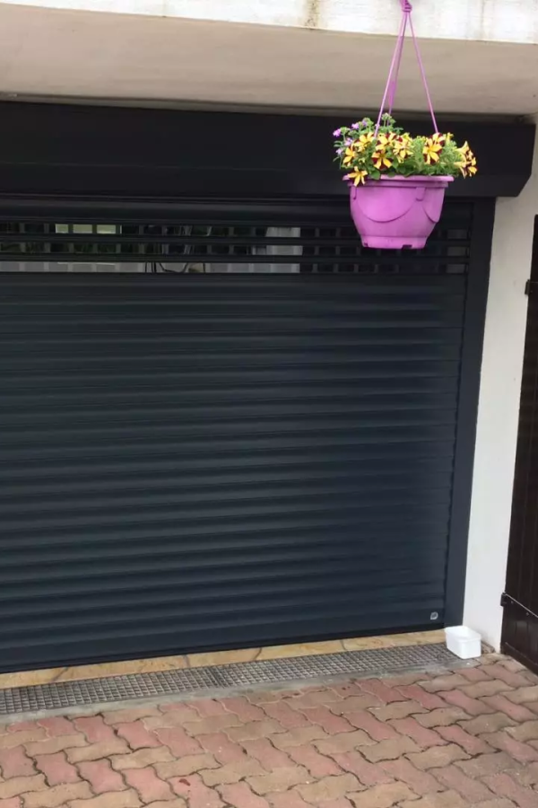 Porte de garage enroulable anthracite à lames vitrées, jardinière suspendue violette sur façade