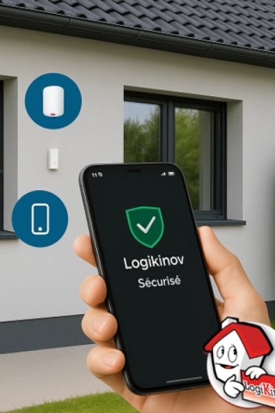 Smartphone affichant application Sécurisé devant maison moderne et pictogrammes équipements