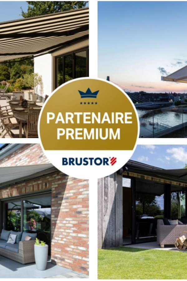 Collage quatre terrasses avec stores et pergolas - badge Partenaire Premium Brustor au centre