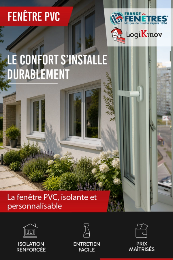 Affiche fenêtre PVC maison blanche jardin - LE CONFORT S'INSTALLE DURABLEMENT - France Fenêtres Logikinov