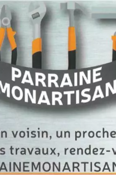 Visuel Parraine Mon Artisan, outils sur fond métal et bannière grise texte parrainage