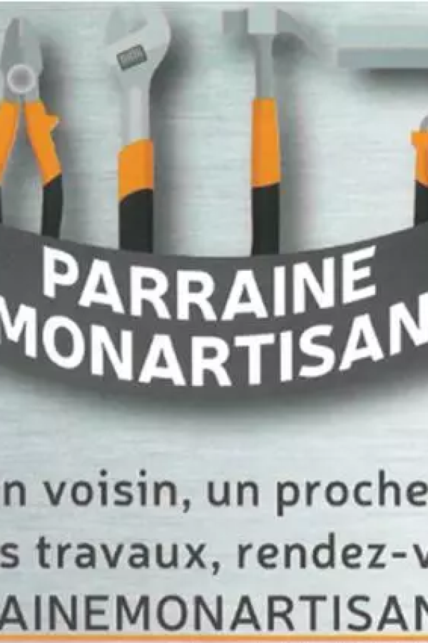Visuel Parraine Mon Artisan, outils sur fond métal et bannière grise texte parrainage