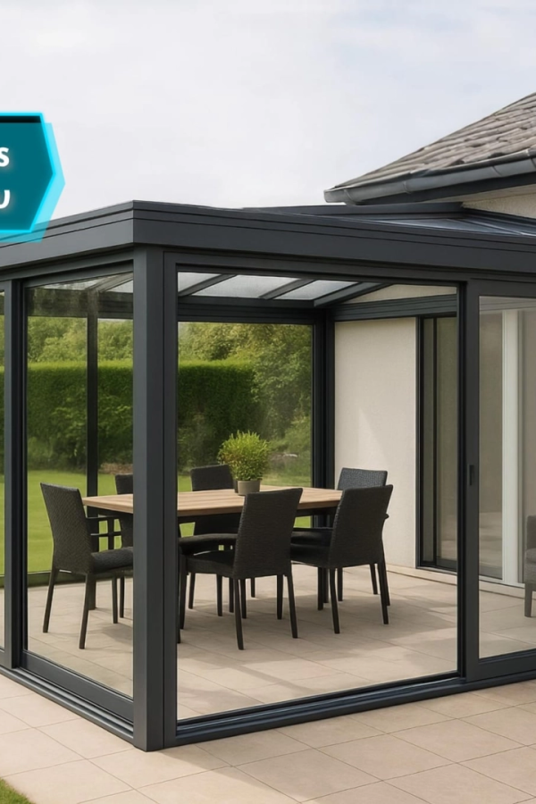 Véranda anthracite vitrée avec table bois et chaises noires sur terrasse