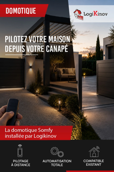 Logo Logikinov domotique Somfy : télécommande, terrasse éclairée et portail coulissant de nuit