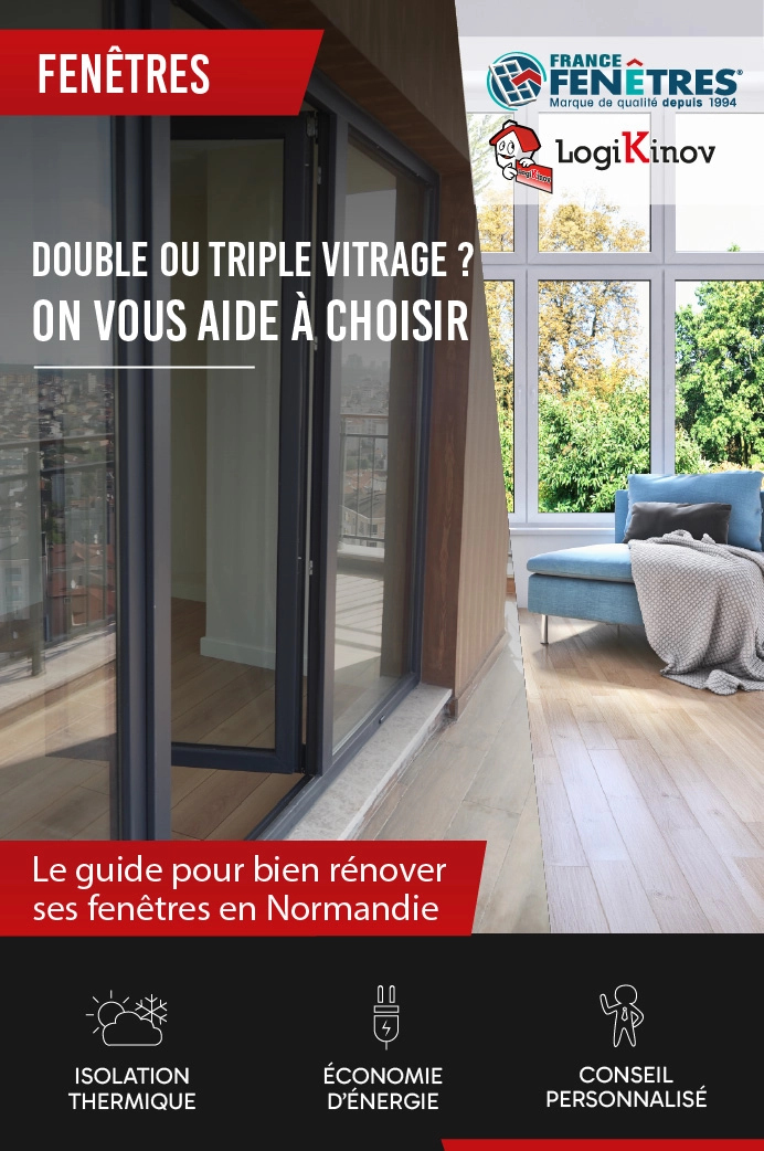 Affiche fenêtres double ou triple vitrage - balcon ville et fauteuil bleu - France Fenêtres Logikinov
