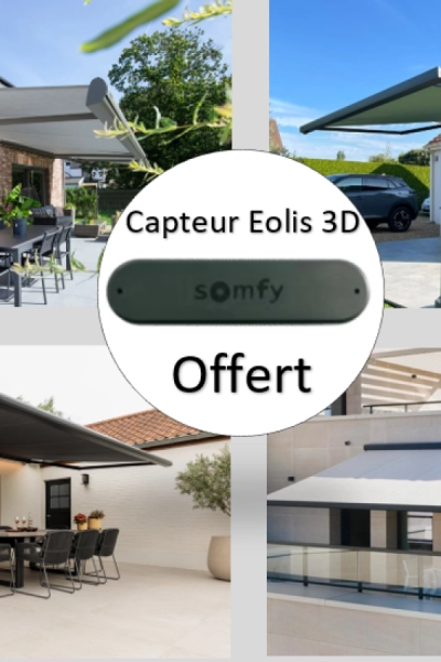 Collage stores bannes sur terrasses avec pastille Capteur Eolis 3D Somfy offert