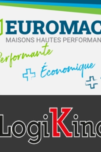 Logos EUROMAC maisons performantes et partie LogiKinov sur fond gris foncé