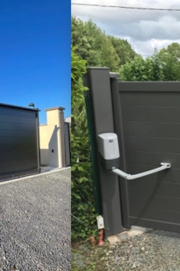 Montage portail anthracite sur gravier et gros plan motorisation DEA bras blanc