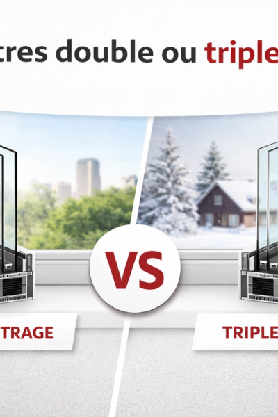 Infographie double vitrage été versus triple vitrage hiver avec VS central