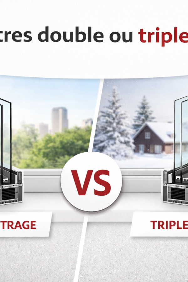 Infographie double vitrage été versus triple vitrage hiver avec VS central