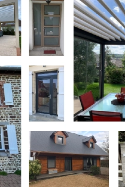 Collage portes champagne et anthracite, pergola bioclimatique, volets bleus et maison bardage bois