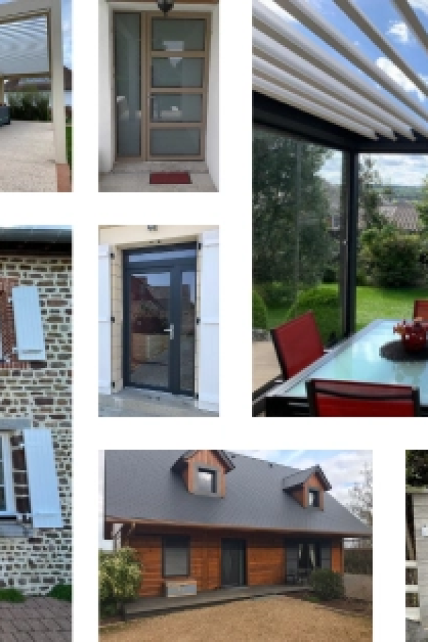 Collage portes champagne et anthracite, pergola bioclimatique, volets bleus et maison bardage bois