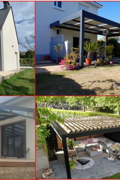 Collage quatre photos pergolas et menuiseries extérieures, terrasses et jardin