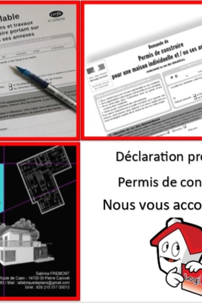 Collage formulaires urbanisme, plans de maison et mascotte maison rouge tenant un panneau