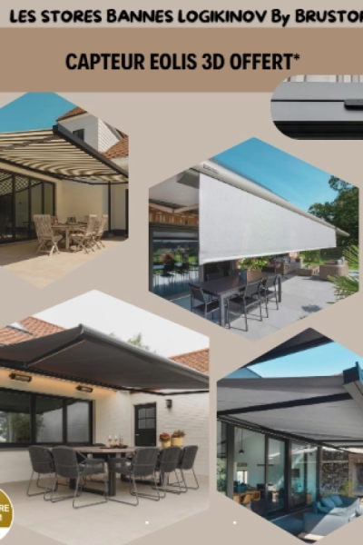 Collage hexagonal terrasses et stores bannes - texte LOGIKINOV By BRUSTOR capteur EOLIS 3D offert