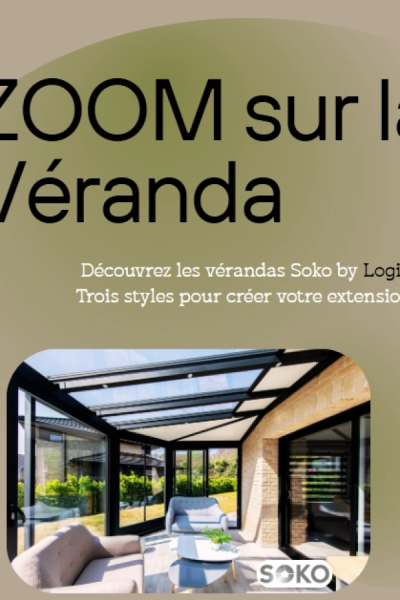 Affiche ZOOM sur la Véranda Soko - véranda noire vitrée, canapés gris - Logo SOKO