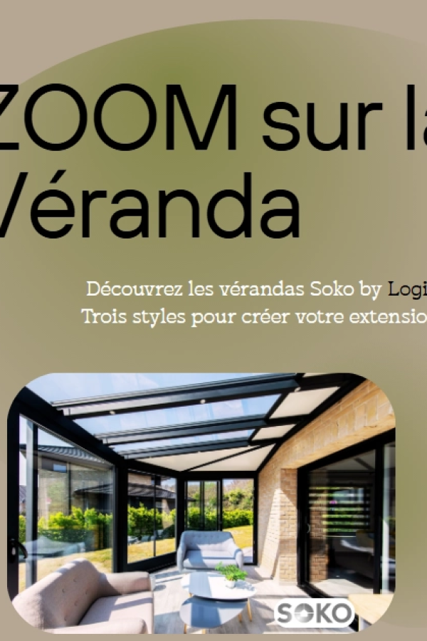 Affiche ZOOM sur la Véranda Soko - véranda noire vitrée, canapés gris - Logo SOKO
