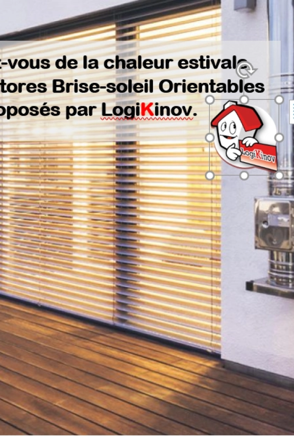 Baie vitrée avec brise-soleil orientables baissés - texte chaleur estivale - Logo Logikinov