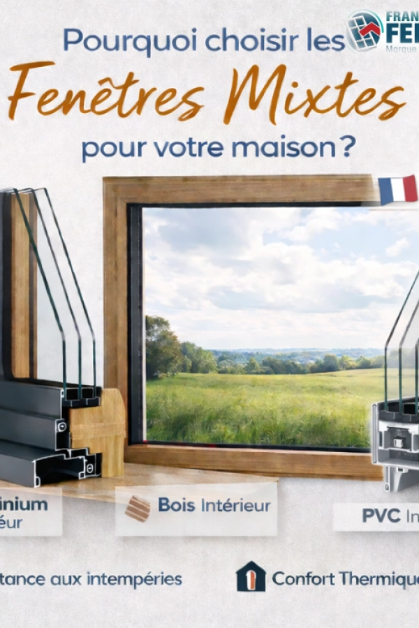 Fenêtre bois sur paysage vert et coupes profilés alu-bois et PVC - Logo France Fermetures