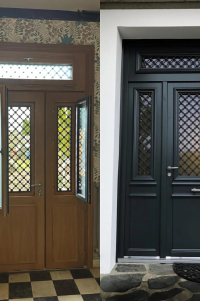 Porte Bel'M intérieur bois et extérieur anthracite avec vitrages à grilles trèfles sur damier