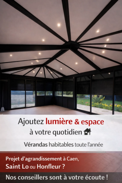 Véranda poutres noires vitrée - texte Ajoutez lumière et espace, projets Caen Saint-Lô Honfleur