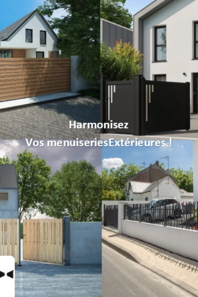 Collage clôtures bois et portails métal avec texte Harmonisez Vos menuiseriesExtérieures