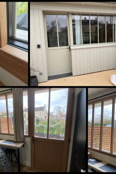 Collage fenêtres et porte finition bois clair, intérieur et façade beige à graviers