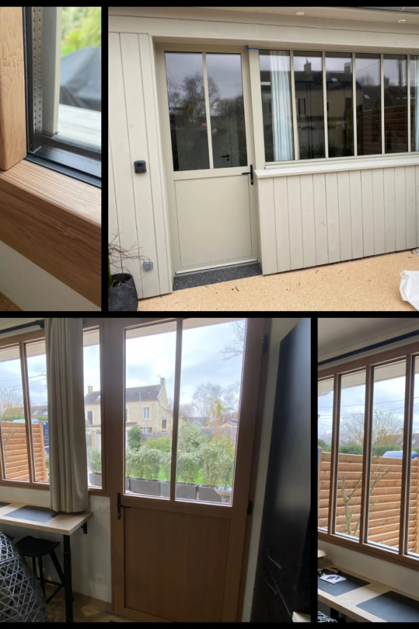 Collage fenêtres et porte finition bois clair, intérieur et façade beige à graviers