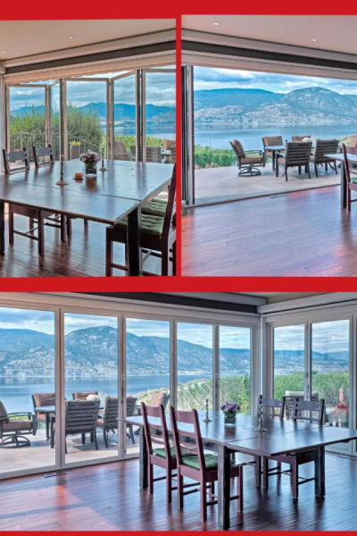 Collage baie accordéon vitrée ouverte sur terrasse avec vue lac et montagnes, salle à manger