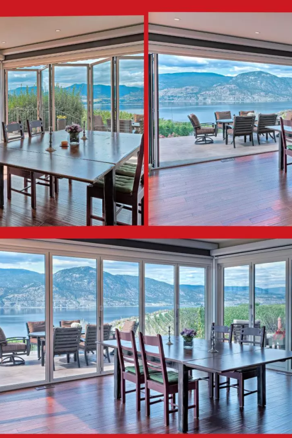 Collage baie accordéon vitrée ouverte sur terrasse avec vue lac et montagnes, salle à manger