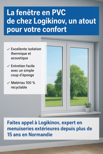 Fenêtre PVC blanche sur jardin avec bandeaux isolation, entretien facile et recyclable Logikinov