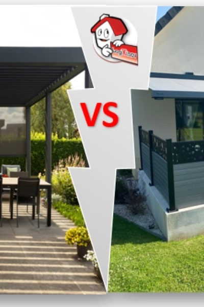Comparatif VS pergola bioclimatique anthracite sur terrasse et store banne plus clôture grise