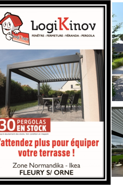 Bannière promo Logikinov, pergola stock anthracite lames blanches et texte 30 pergolas
